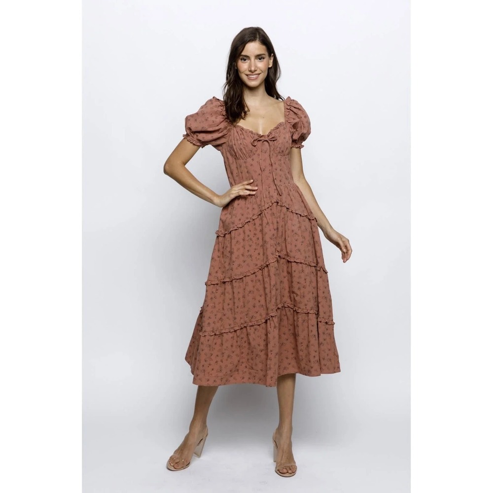 NEW Storia Floral Brown Ruffle Midi Dress Women Sz M 100% Cotton Cottagecore - Picture 2 of 15